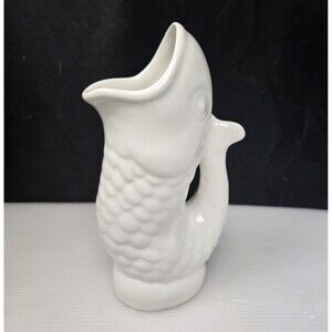 White Ceramic Gluggle Jug Pitcher Vase Utensil Holder Gurgling Koi Fish by Costa